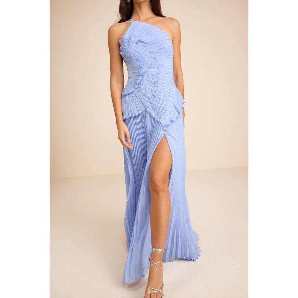 Lulus Magdalene Powder Blue Pleated Asymmetrical Maxi Dress - Size XS